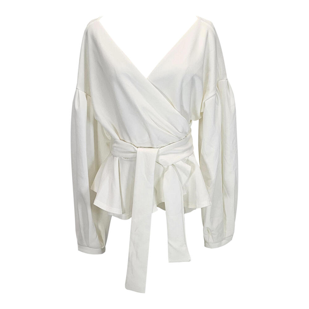 Shein White Wrap Peplum Blazer with Drama Sleeves and Waist Tie/XL